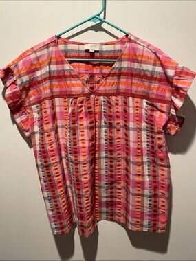 LOFT Striped Short Sleeve Blouse in Pink, Orange & White